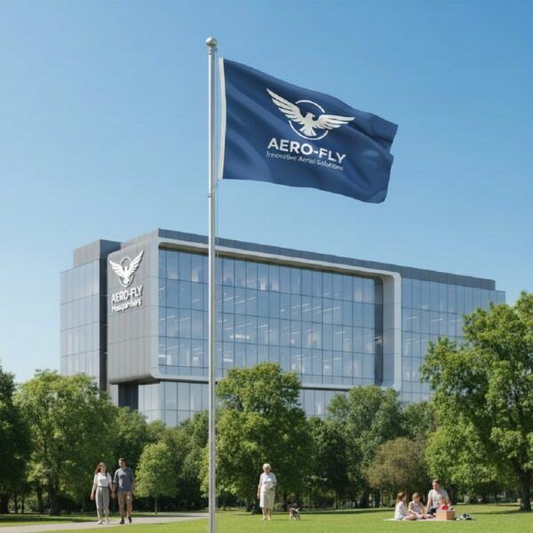 EIne Werbefahne in einem Park , mit einem Firmengebäude im Hintergrund.