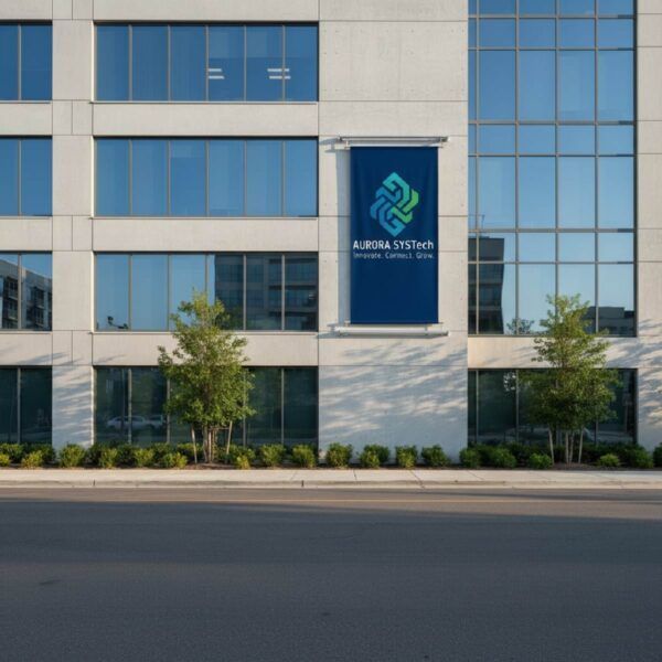 Ein Wallbanner mit Firmen Motiv an einem Bürogebäude