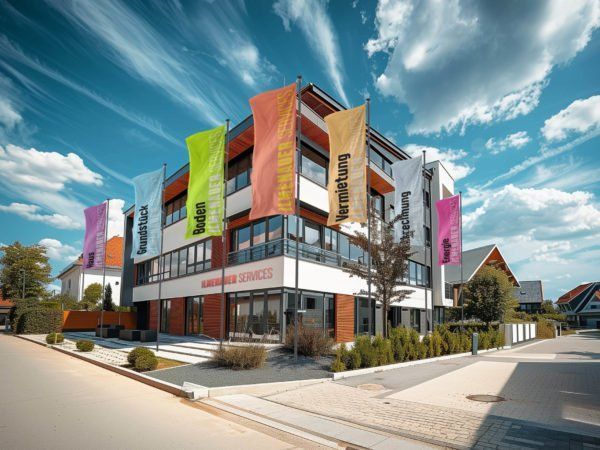 Design-Fahnenmast vor einem Firmengebäude