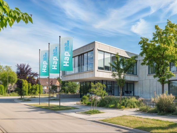 Design-Fahnenmast vor einem Firmengebäude