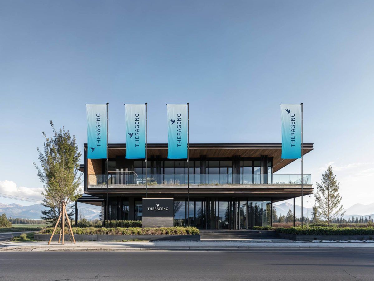 Dark-Gray der Design-Fahnenmast vor einem Firmengebäude