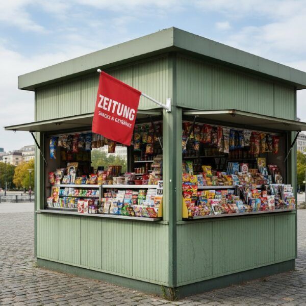 Kioskfahne an einem Kiosk in Anwendung