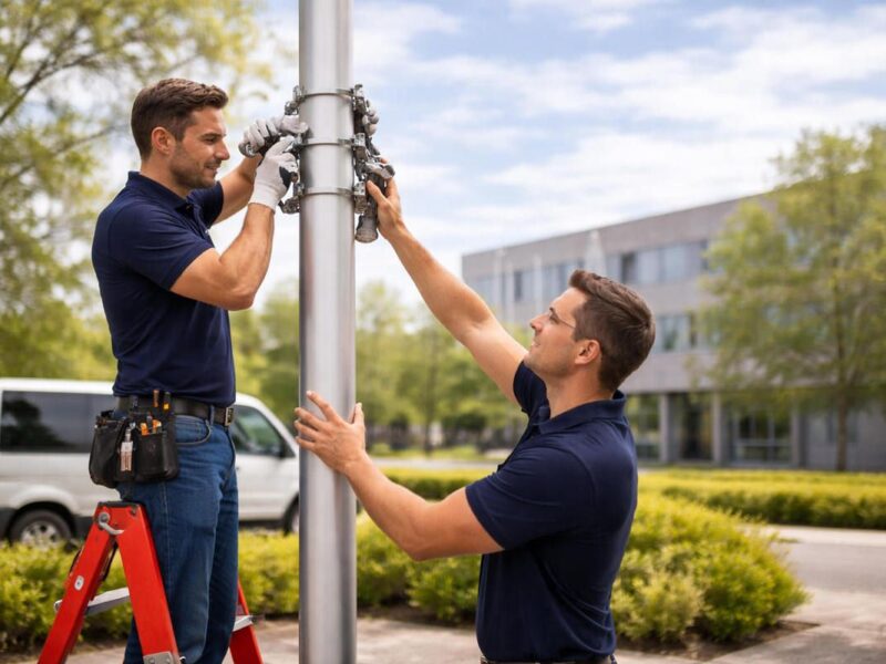 Fachgerechte Montage von Fahnenmasten durch WEBA Montageteam